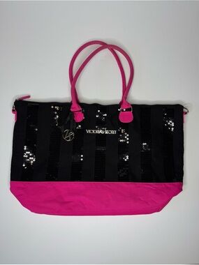 Victoria’s Secret Y2K Black Sequin Pink Tote Bag Large Glam Shoulder Purse
